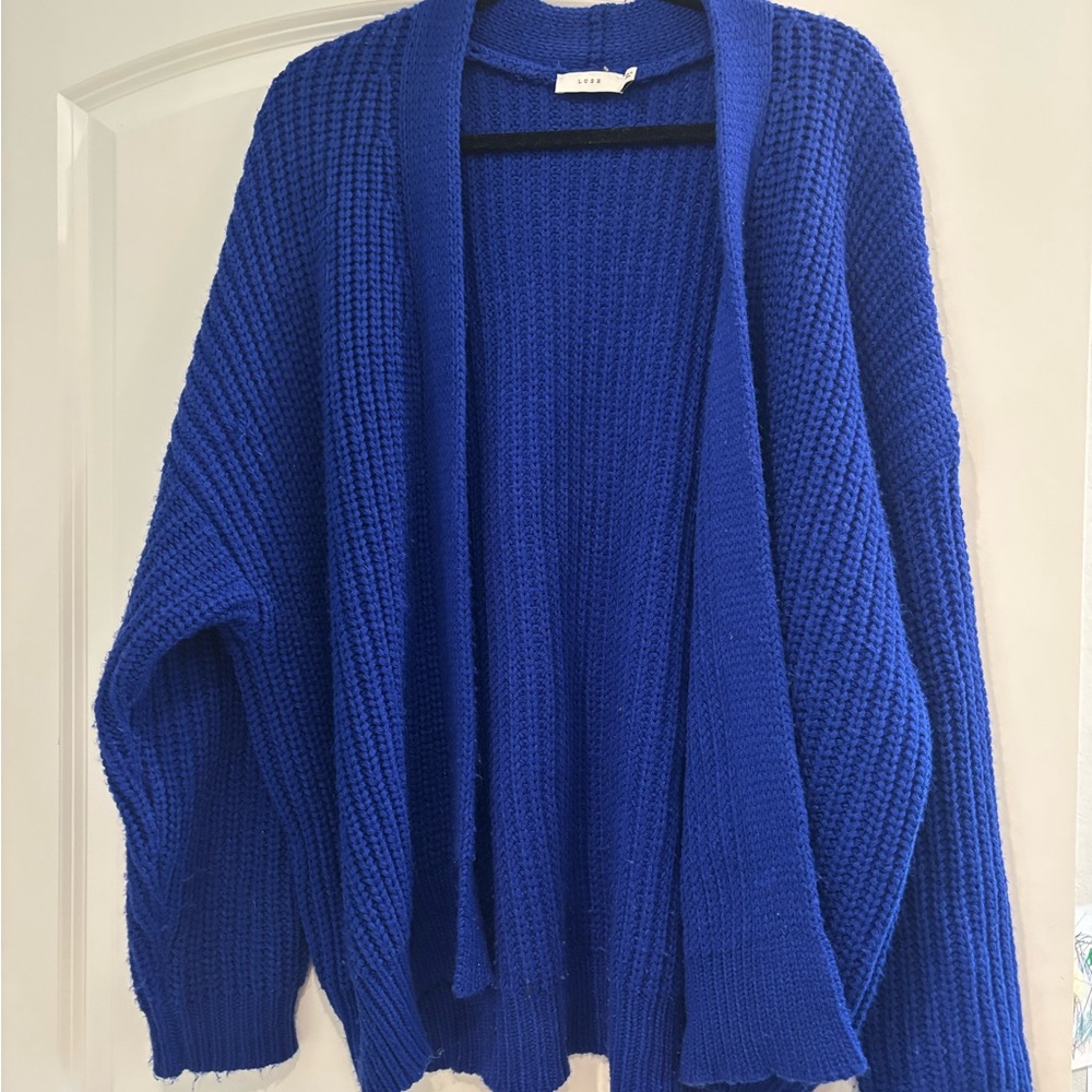 Lush Open-Front Royal Blue Ribbed Knit Cardigan